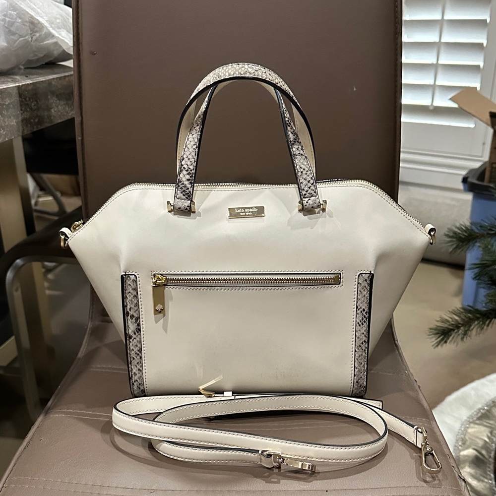 Kate Spade cream smooth leather bag with snake print trim